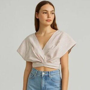 The Sang Red & White Striped Waist Tie Crop Modern Minimalist Blouse Top Size M